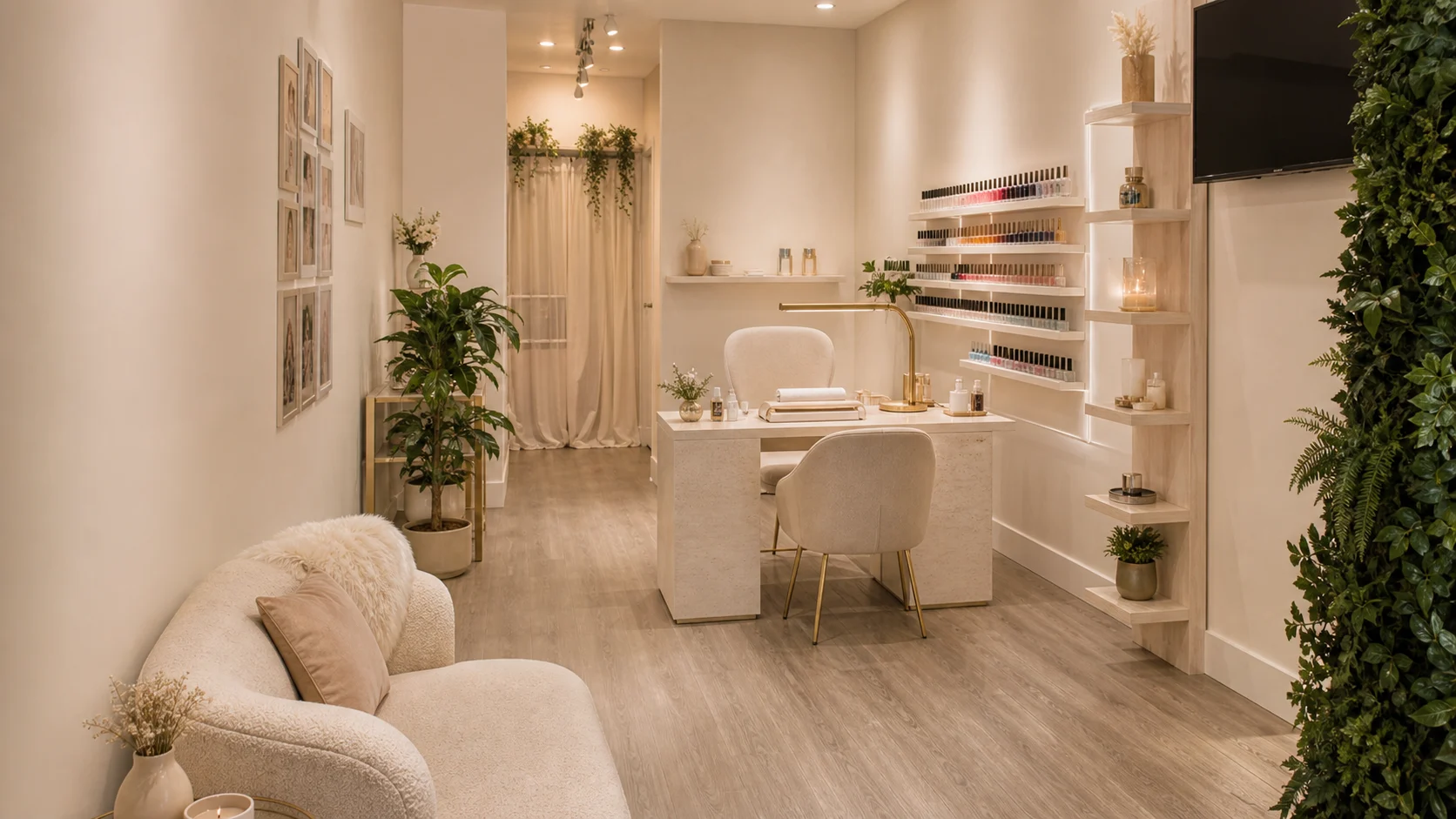 Atelier manucure Ongles Techniques lumineux avec mur végétal