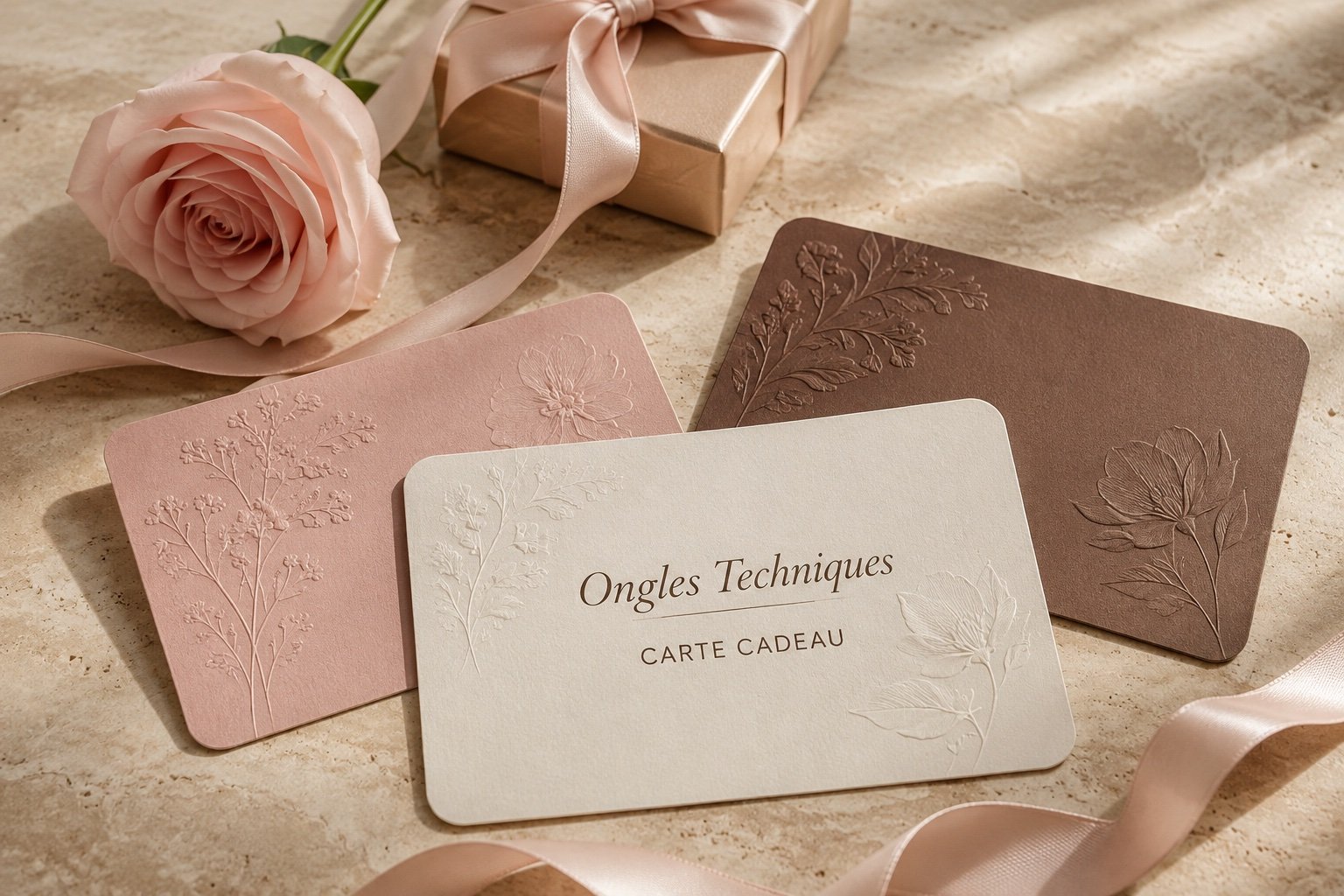 Cartes cadeaux Ongles Techniques, ruban rose et coffret cadeau