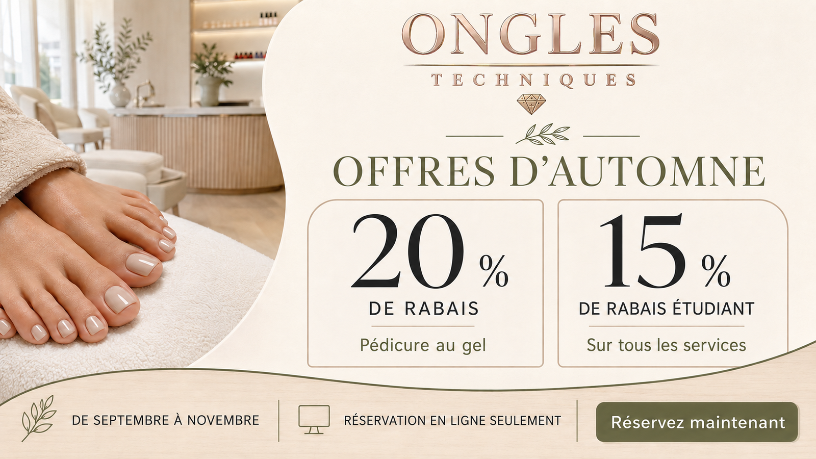 Offres d’automne Ongles Techniques : 20 % de rabais sur la pédicure au gel et 15 % de rabais étudiant sur tous les services, de septembre à novembre, réservation en ligne seulement.